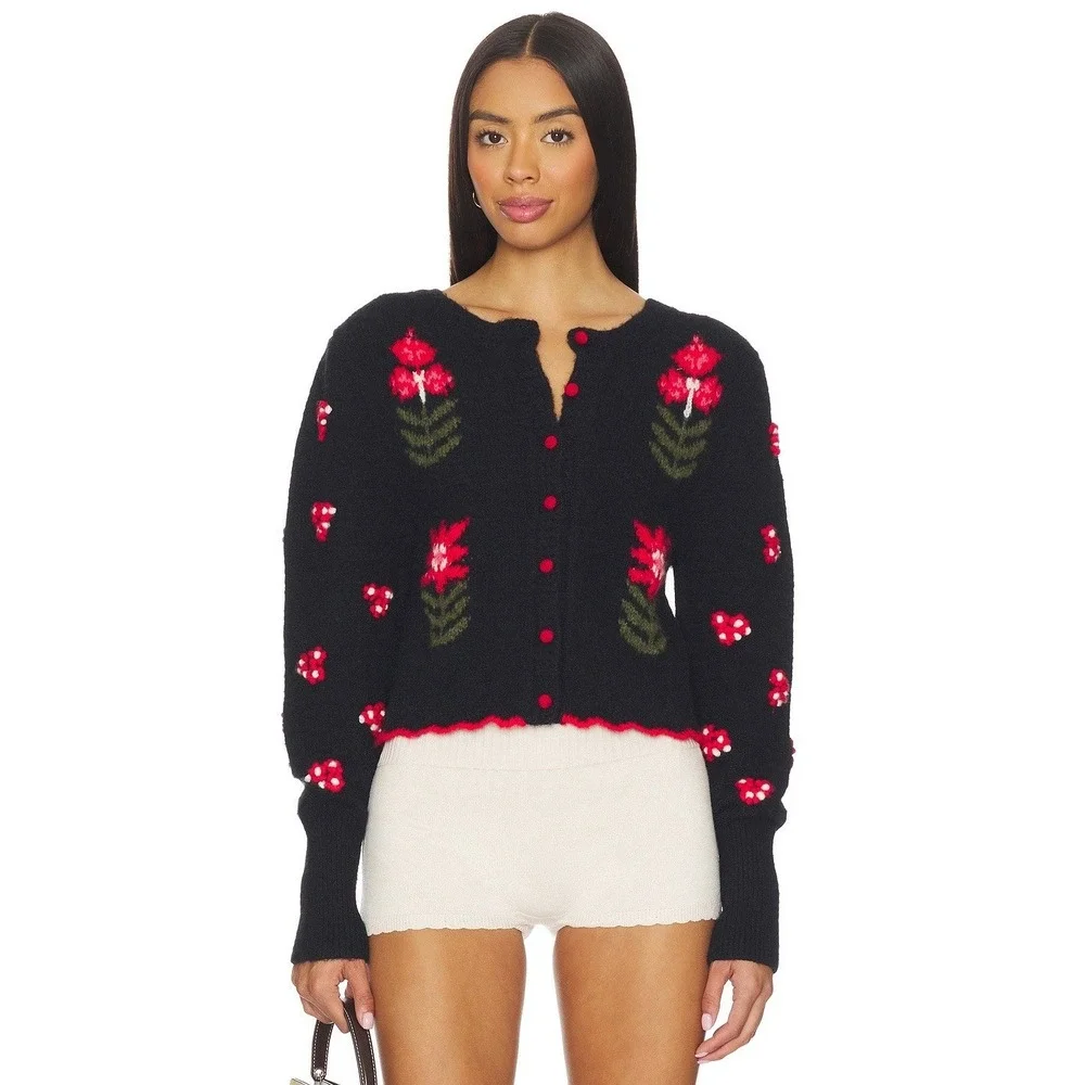 Free People Nonna Knit Cardi Floral Cardigan Sweater‎ Black Small Granny Cottage